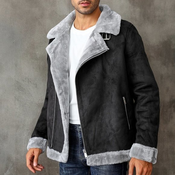 Black Casual Mens Teddy Lined Zip Up Faux Suede Coat - Picture 3 of 5